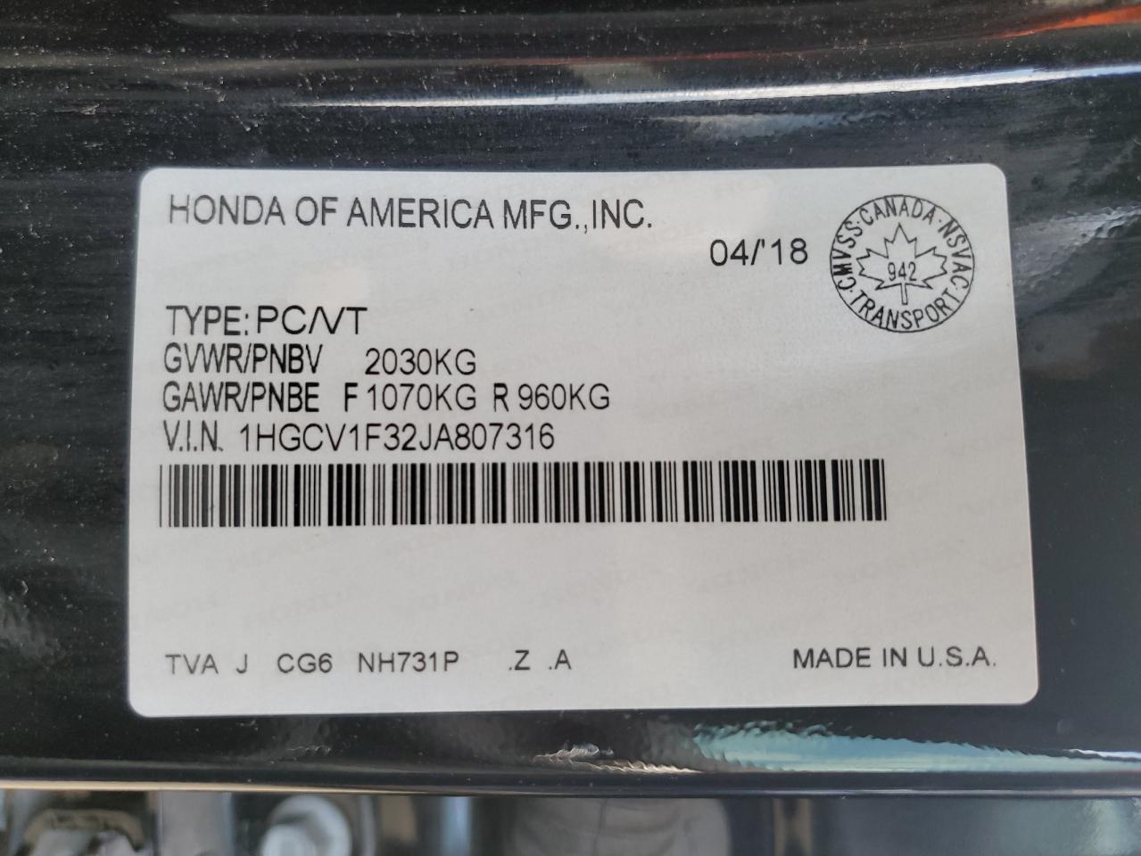 2018 HONDA ACCORD