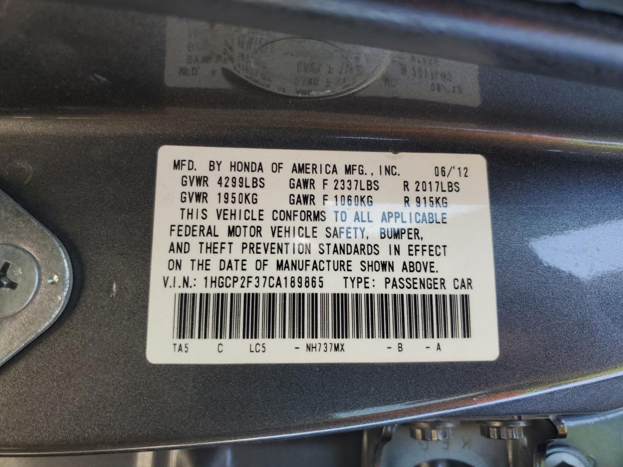 2012 HONDA ACCORD