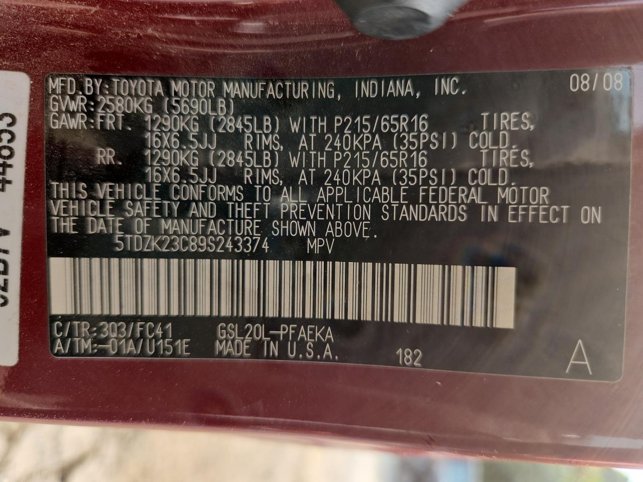 2009 TOYOTA SIENNA
