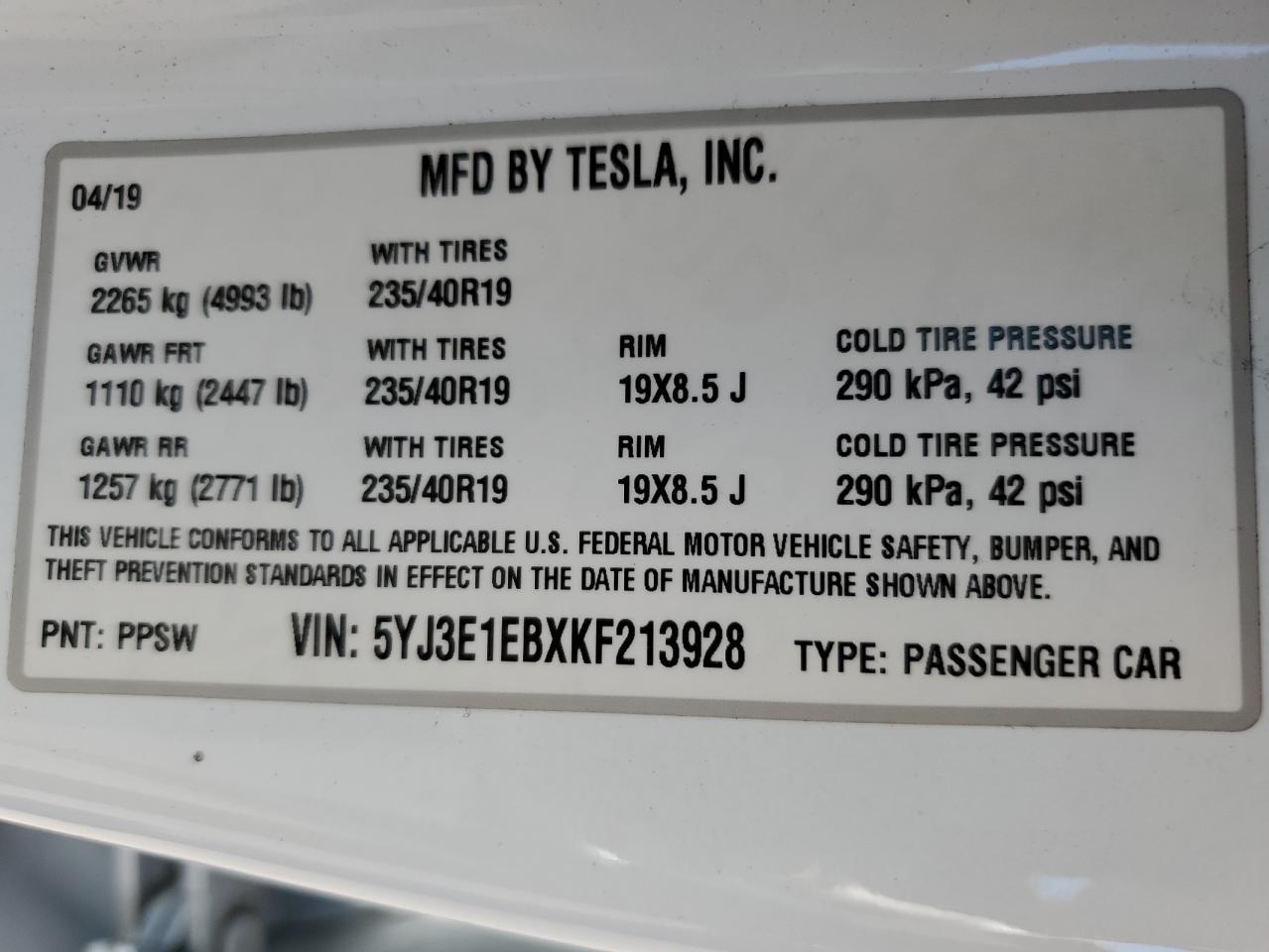 2019 TESLA MODEL 3