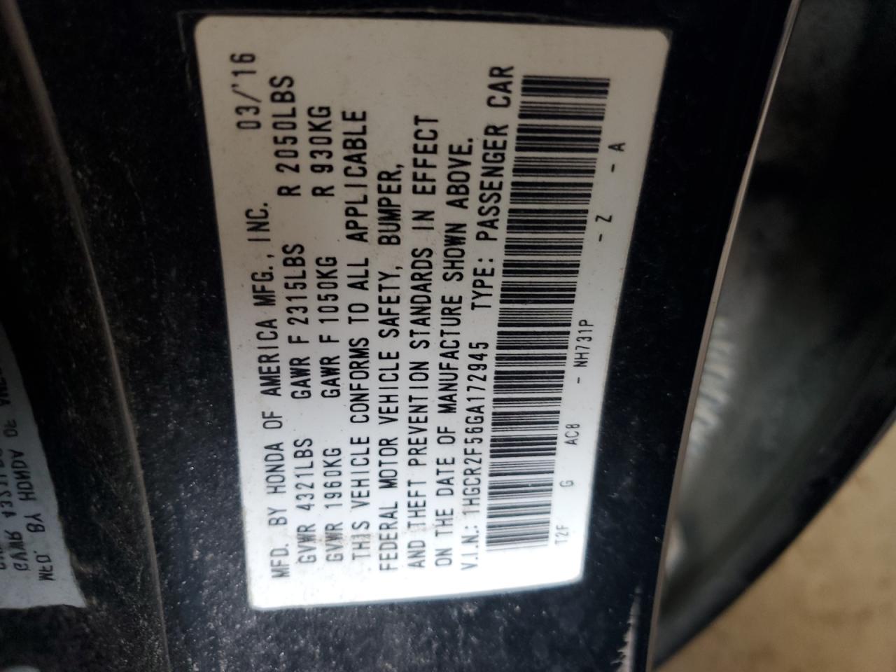 2016 HONDA ACCORD