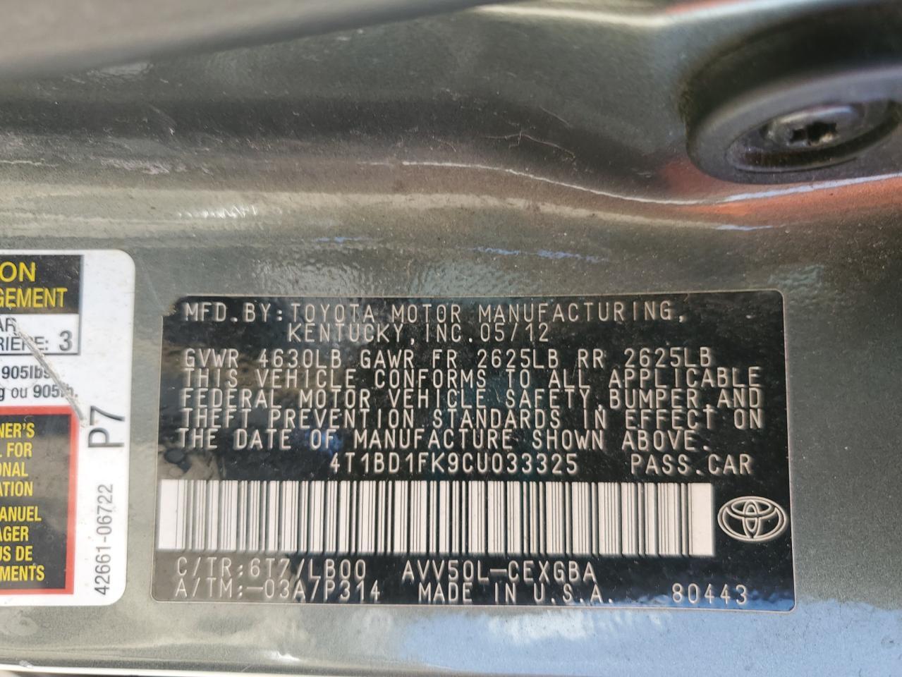 2012 TOYOTA CAMRY