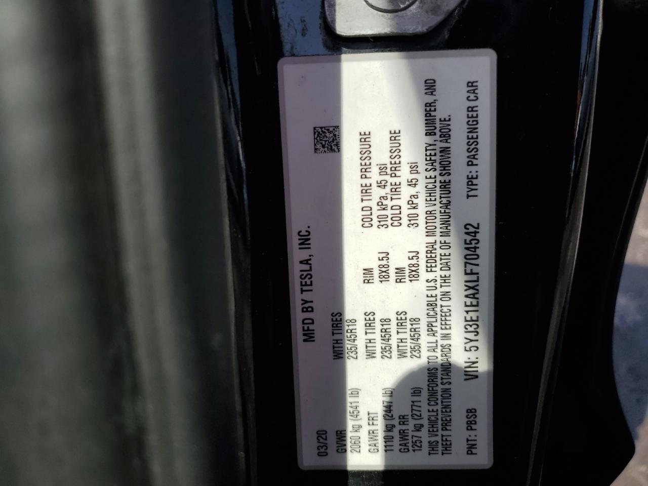 2020 TESLA MODEL 3