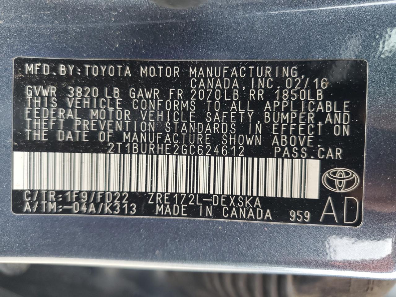 2016 TOYOTA COROLLA