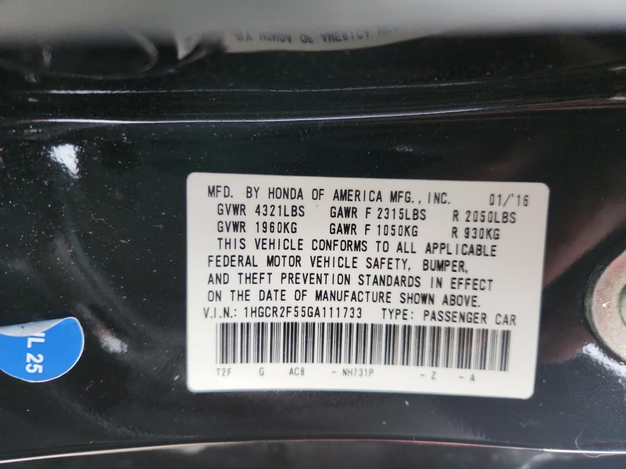 2016 HONDA ACCORD