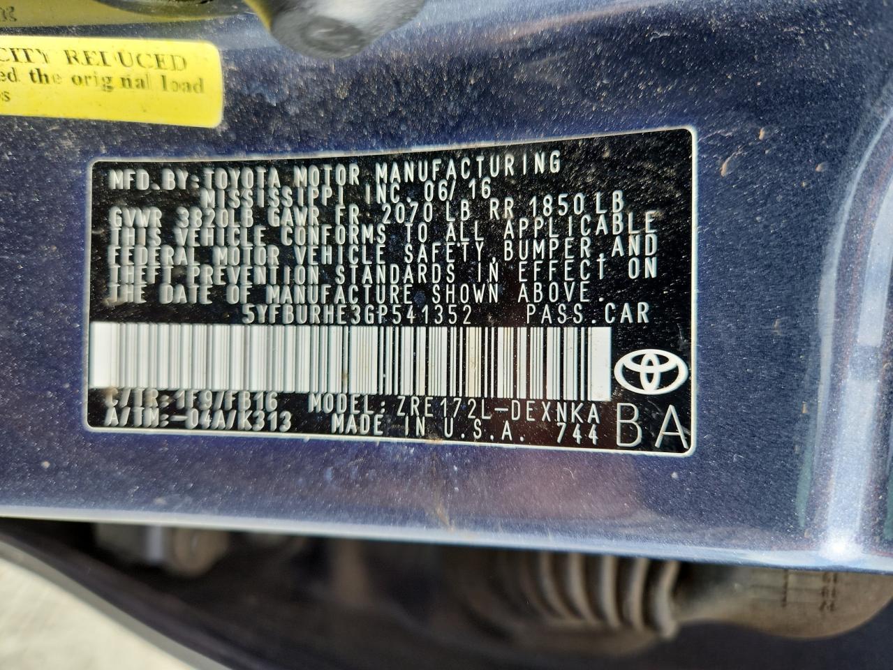 2016 TOYOTA COROLLA