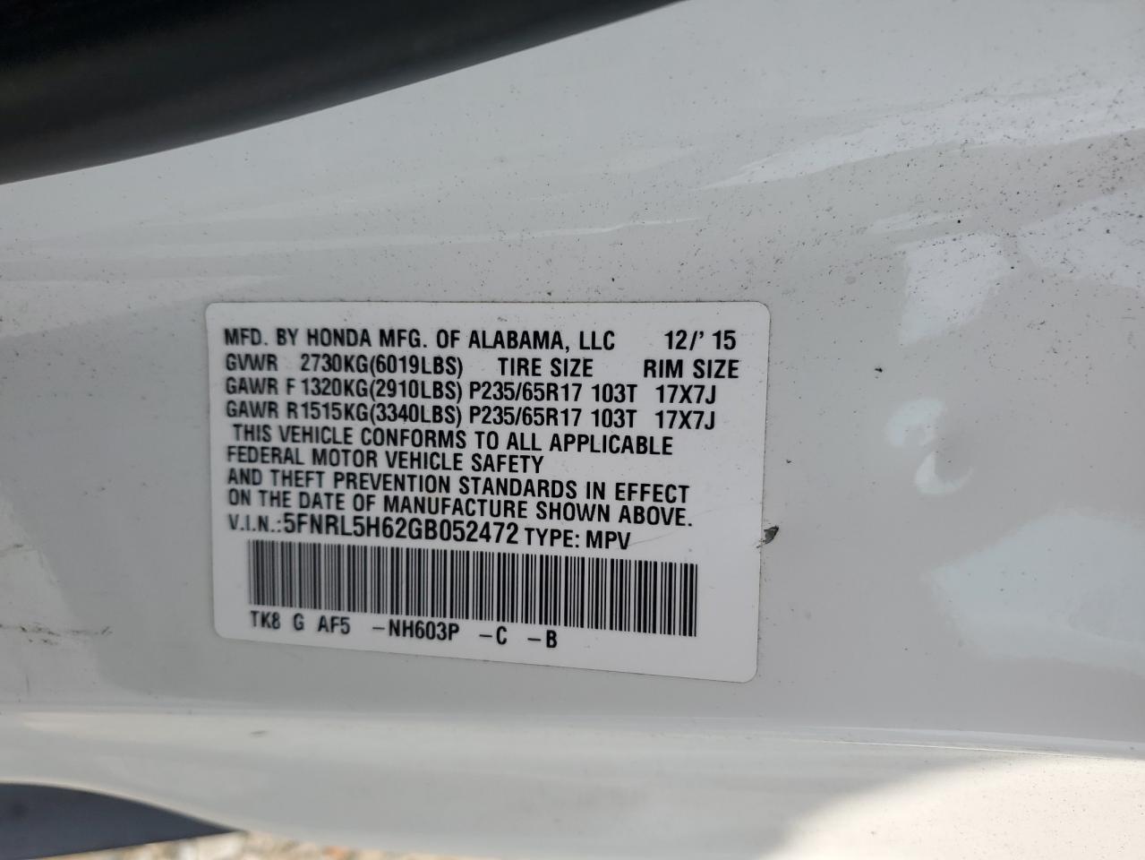 2016 HONDA ODYSSEY