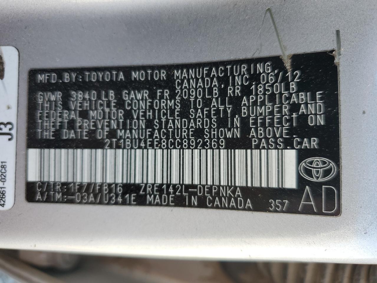 2012 TOYOTA COROLLA