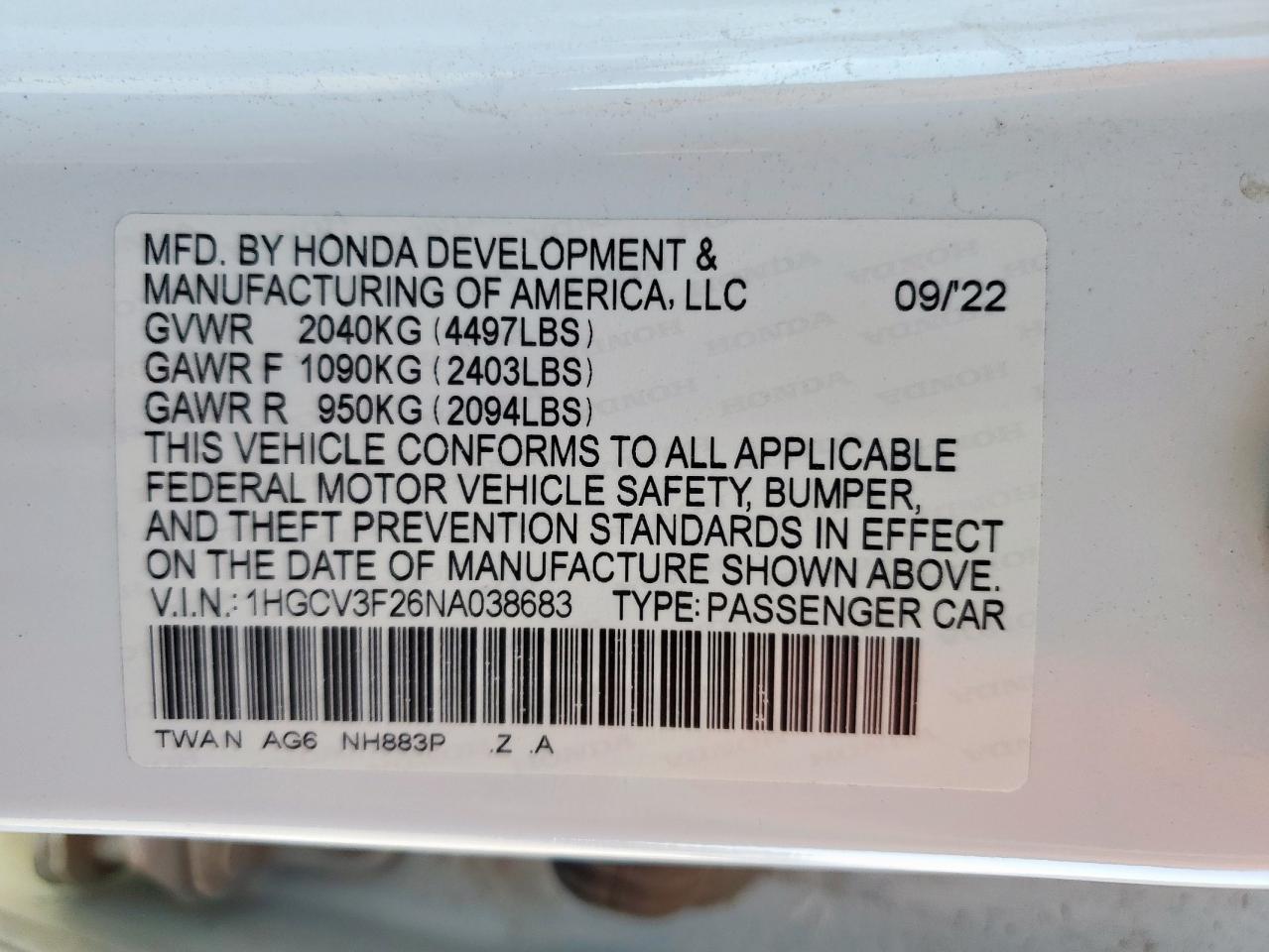 2022 HONDA ACCORD