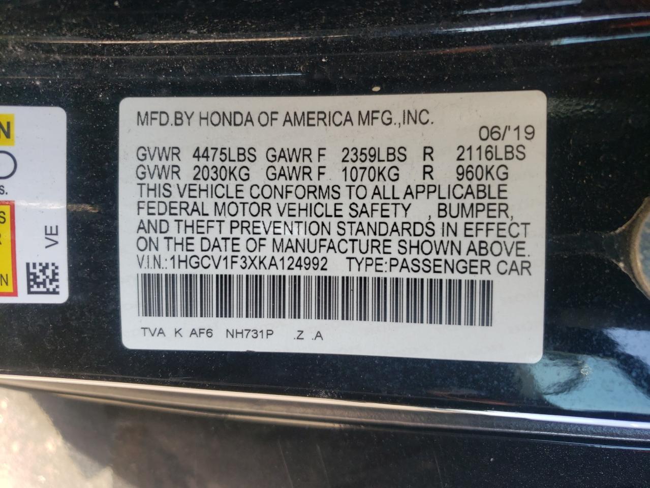2019 HONDA ACCORD