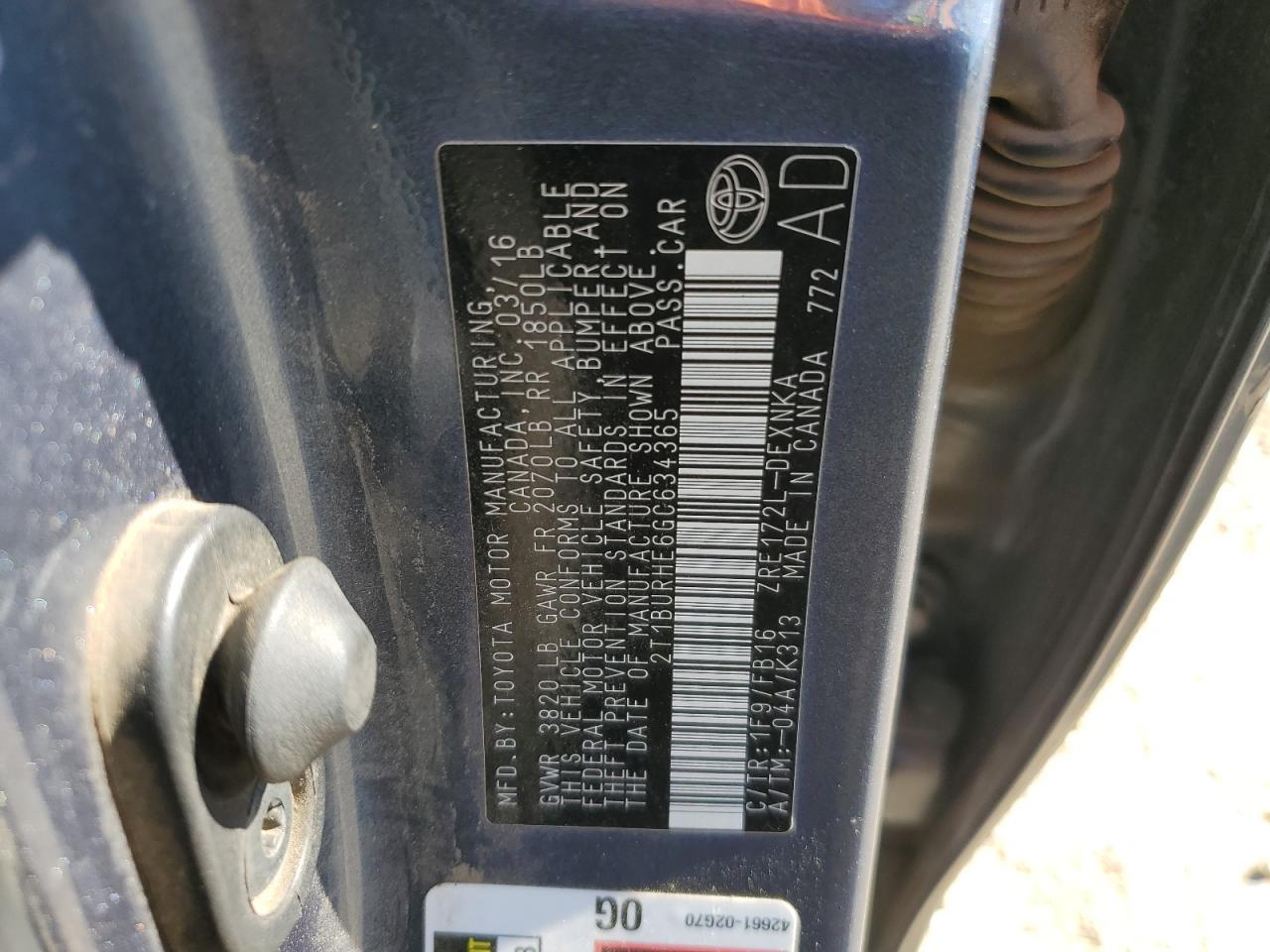 2016 TOYOTA COROLLA
