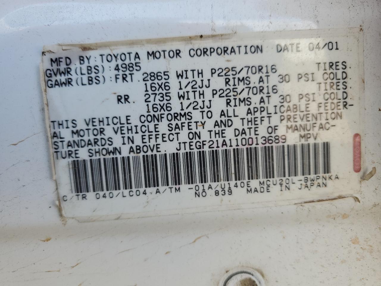 2001 TOYOTA HIGHLANDER