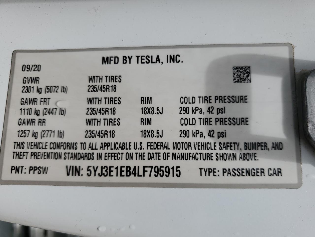 2020 TESLA MODEL 3
