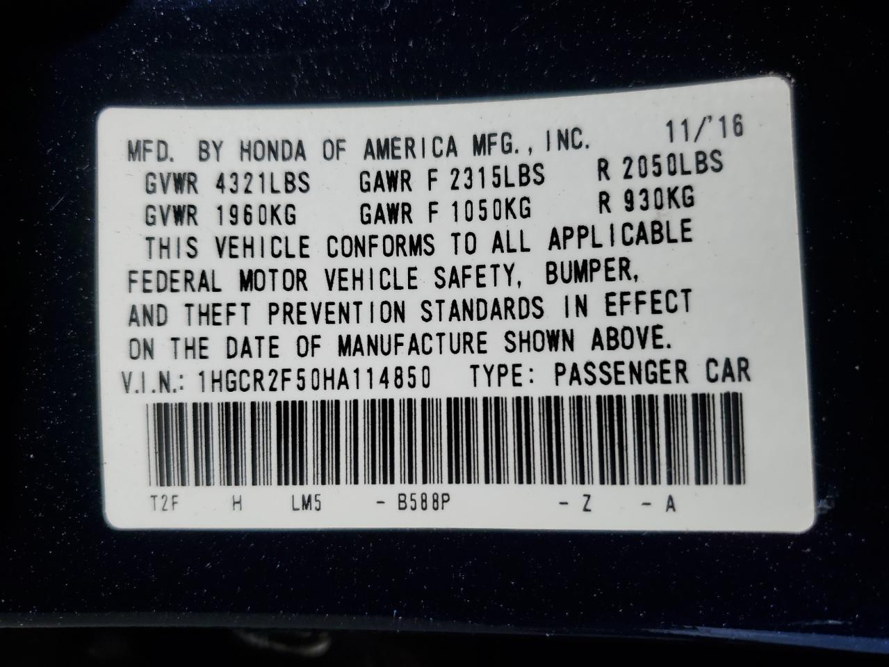 2017 HONDA ACCORD