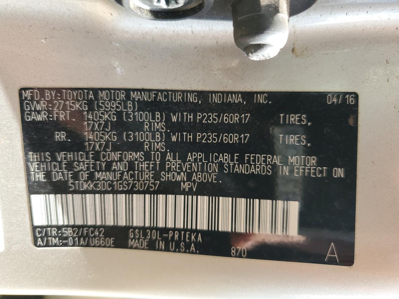 2016 TOYOTA SIENNA