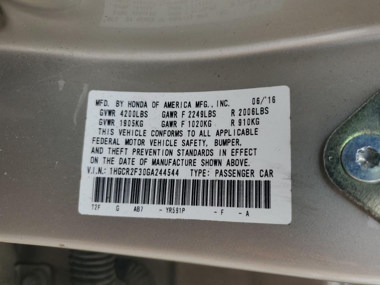 2016 HONDA ACCORD