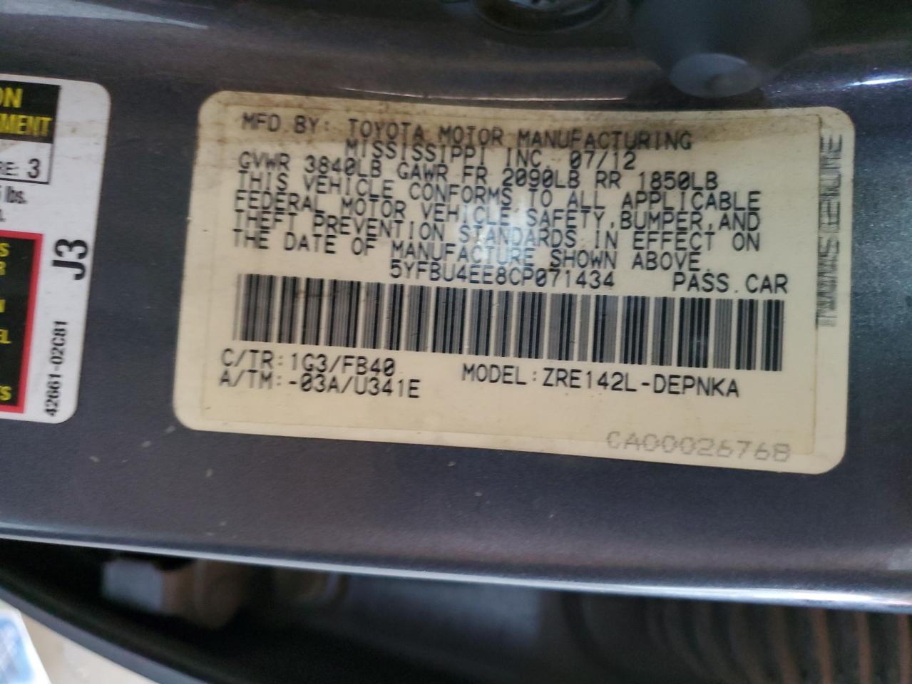 2012 TOYOTA COROLLA
