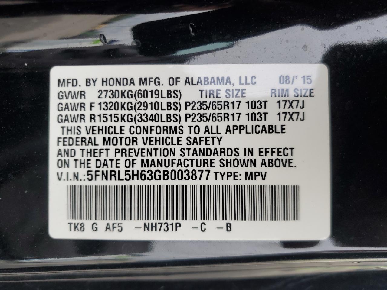 2016 HONDA ODYSSEY