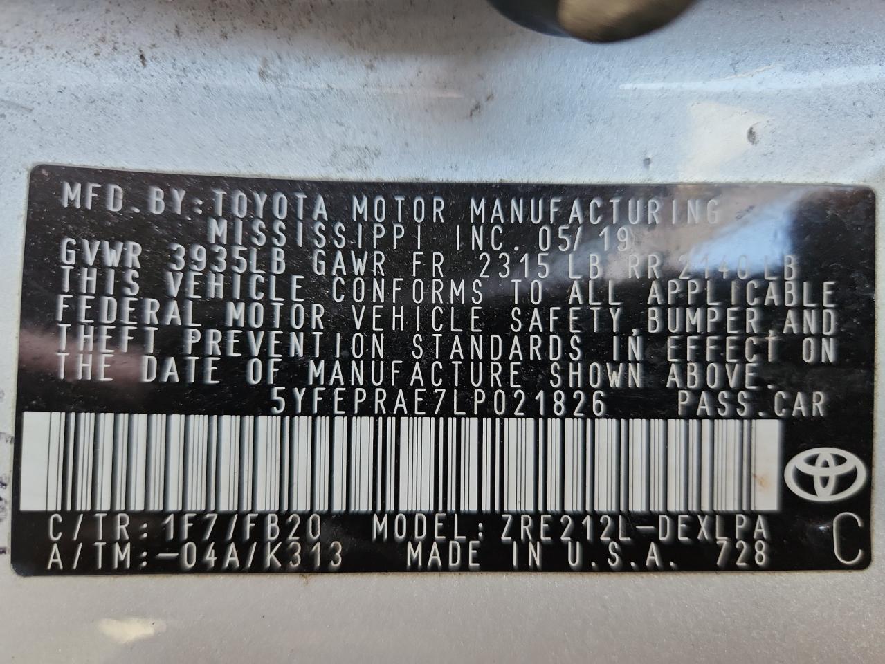 2020 TOYOTA COROLLA