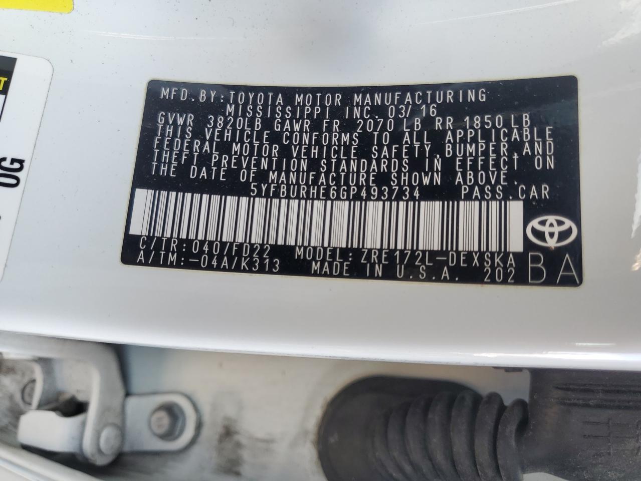 2016 TOYOTA COROLLA