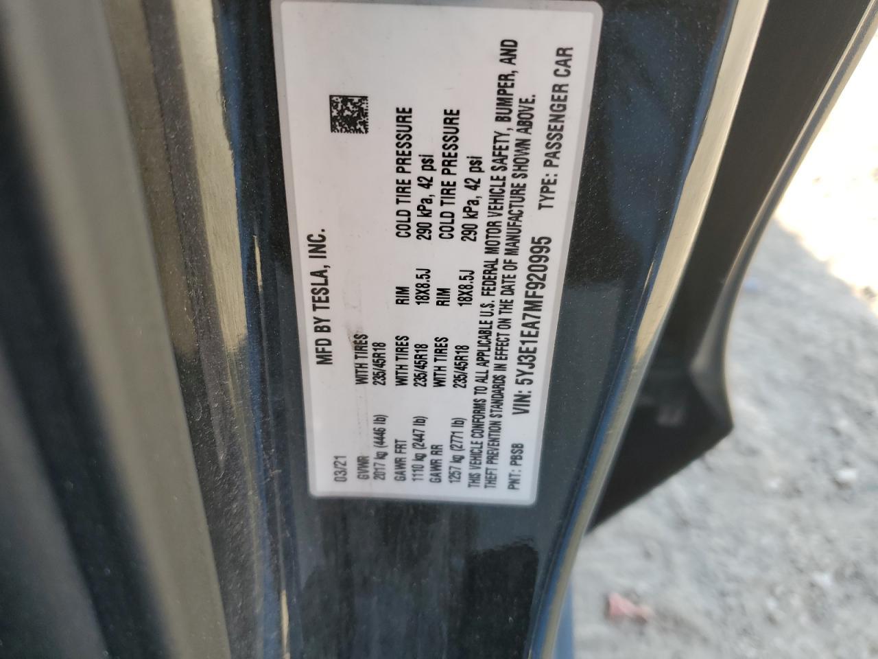 2021 TESLA MODEL 3