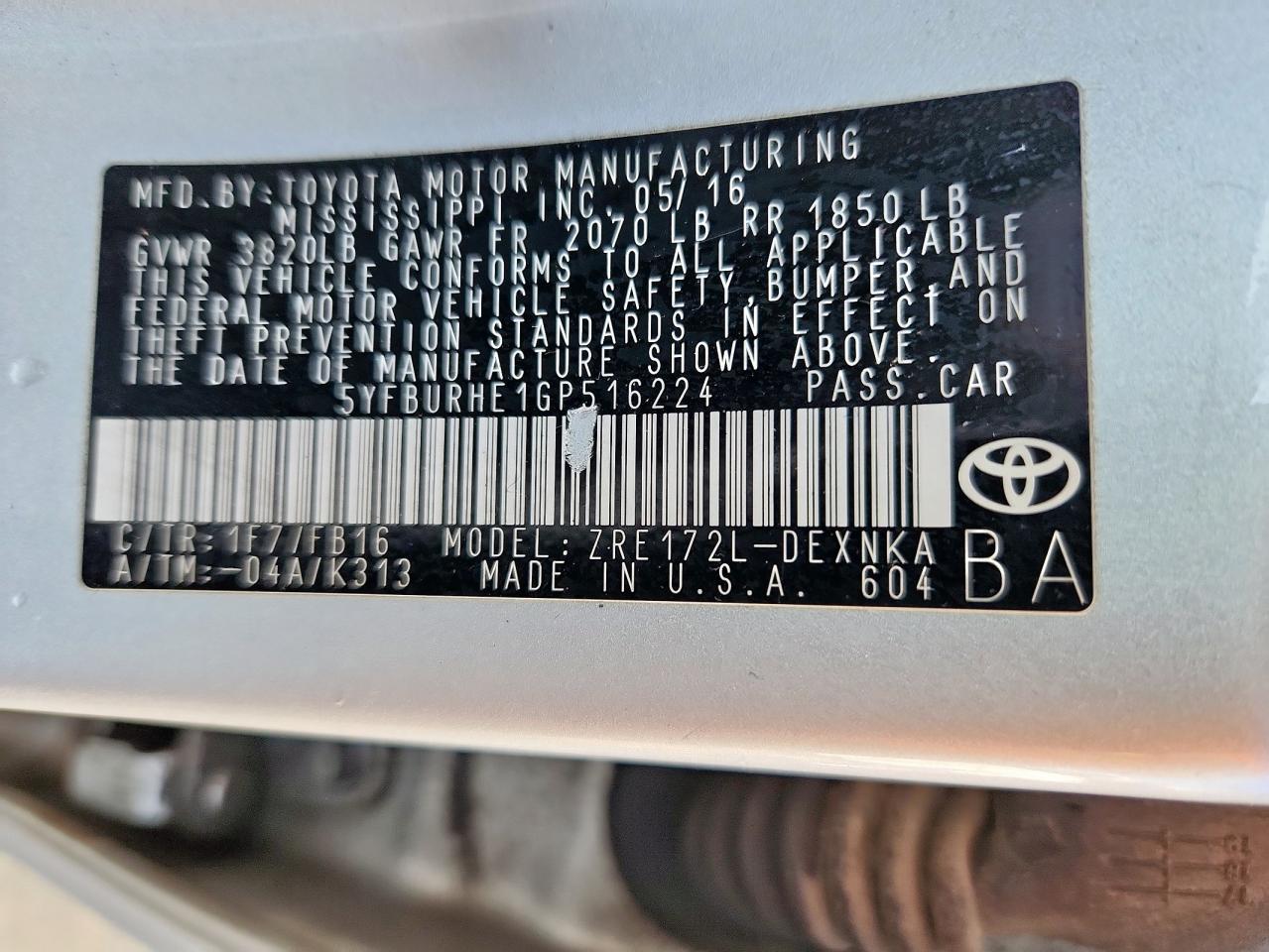 2016 TOYOTA COROLLA