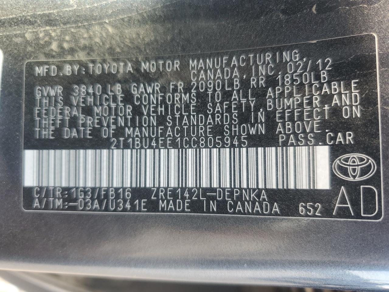 2012 TOYOTA COROLLA