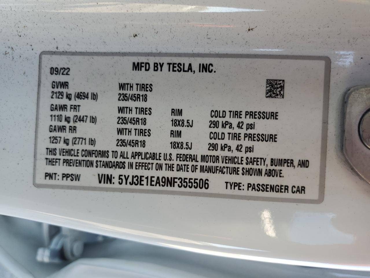 2022 TESLA MODEL 3