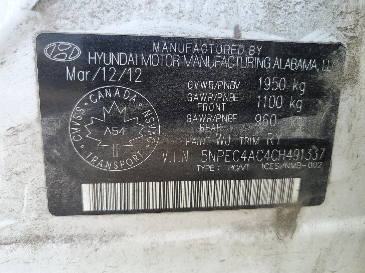 2012 HYUNDAI SONATA