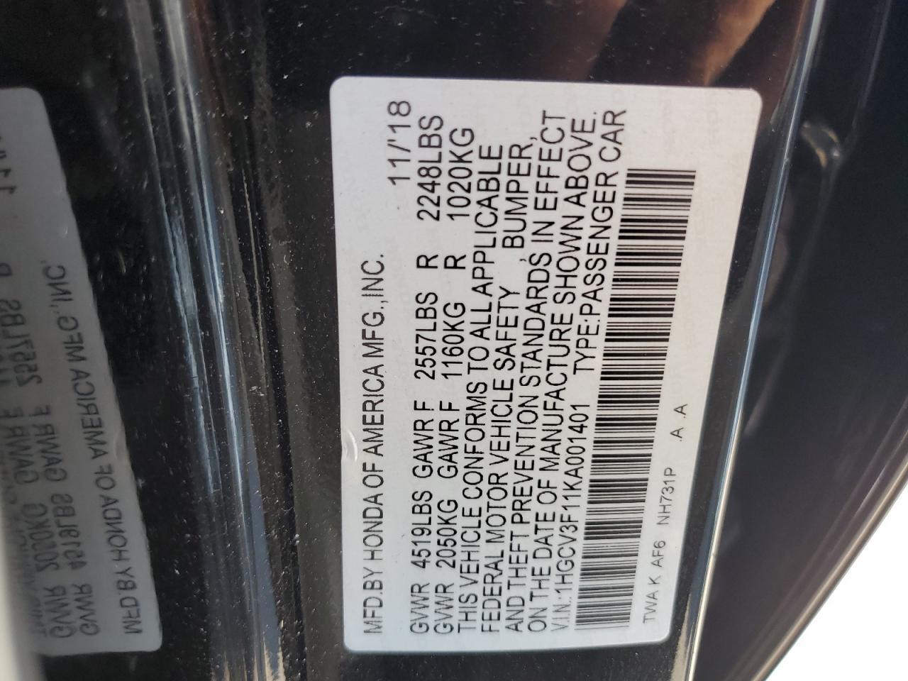 2019 HONDA ACCORD
