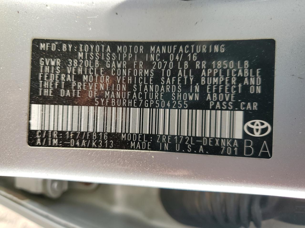 2016 TOYOTA COROLLA