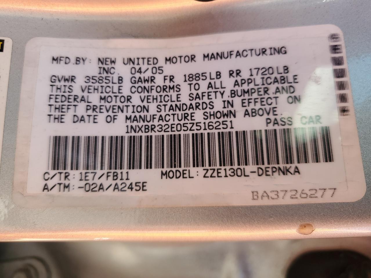 2005 TOYOTA COROLLA
