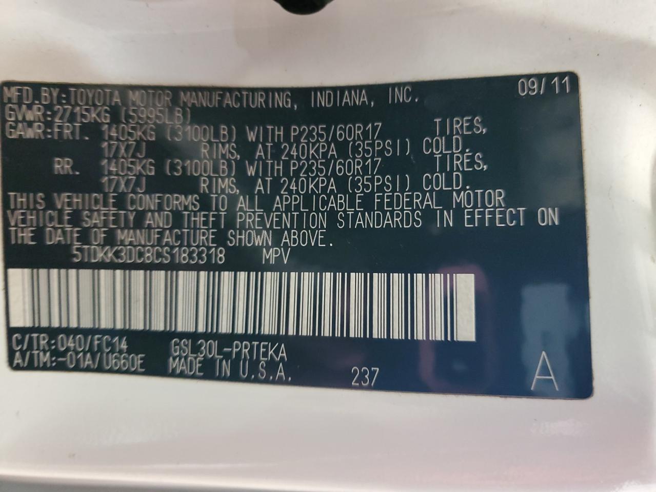 2012 TOYOTA SIENNA
