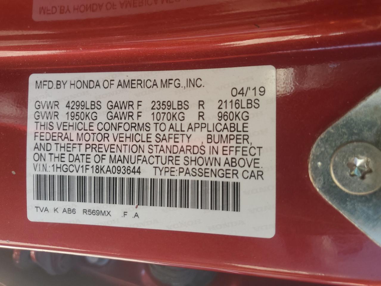2019 HONDA ACCORD
