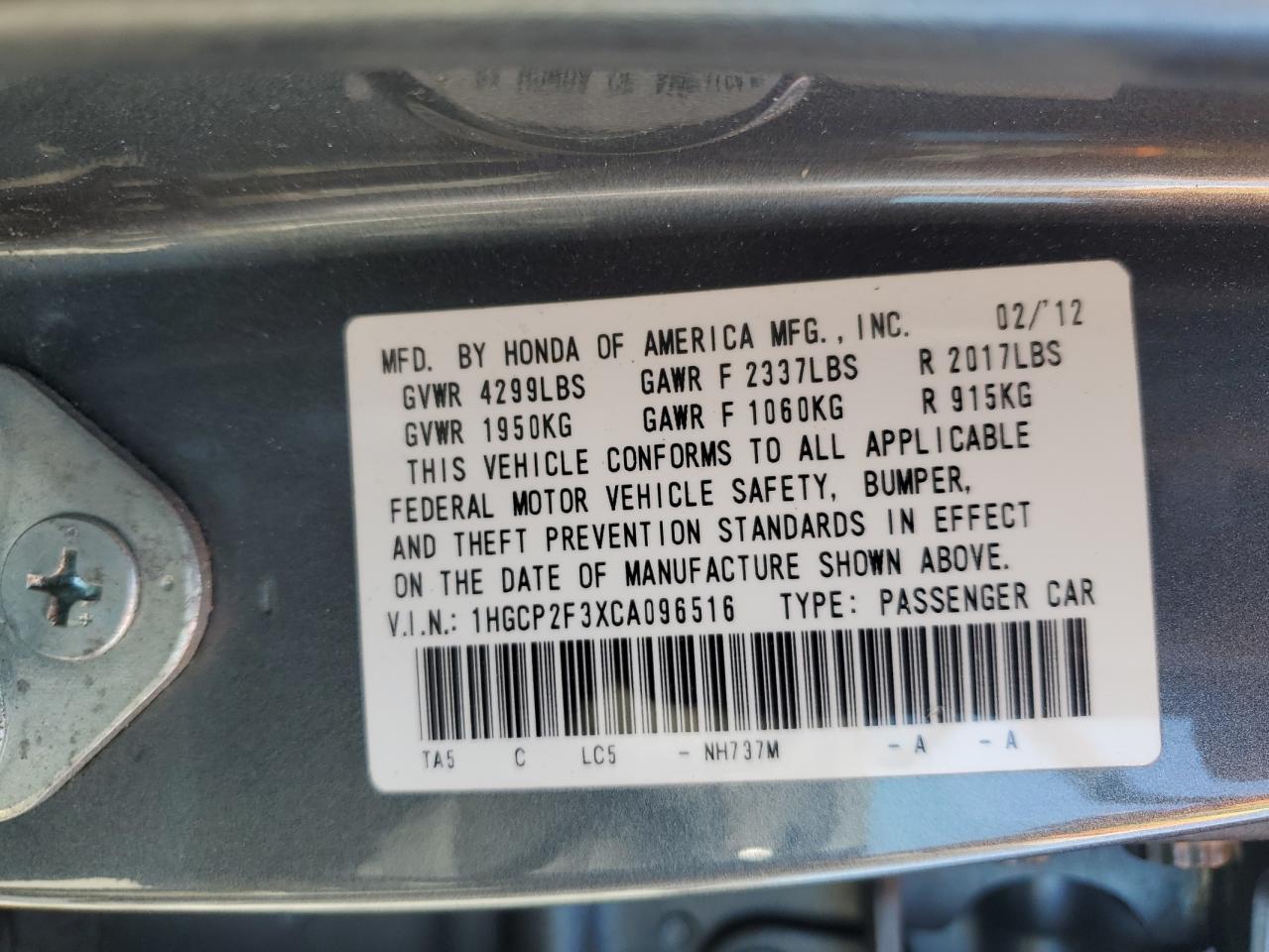 2012 HONDA ACCORD