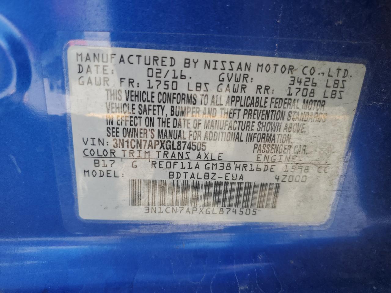 2016 NISSAN VERSA