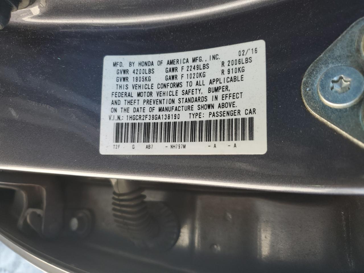 2016 HONDA ACCORD