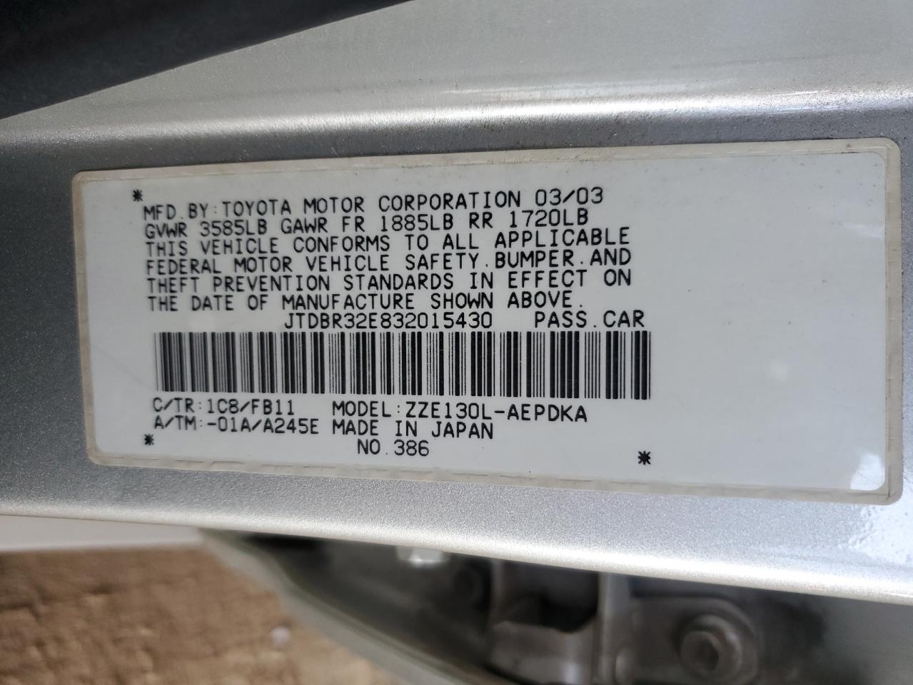 2003 TOYOTA COROLLA