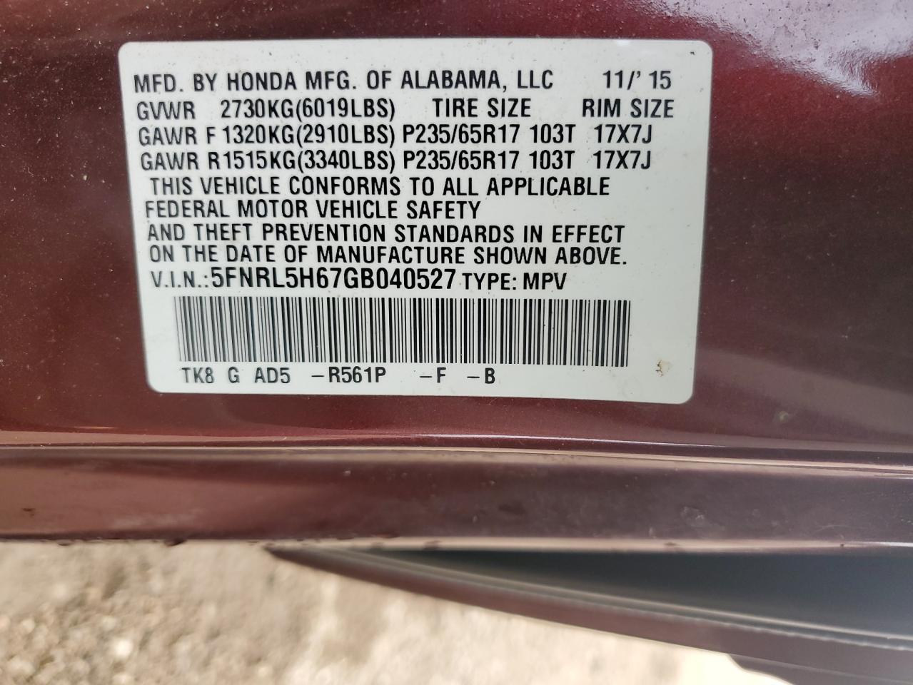 2016 HONDA ODYSSEY