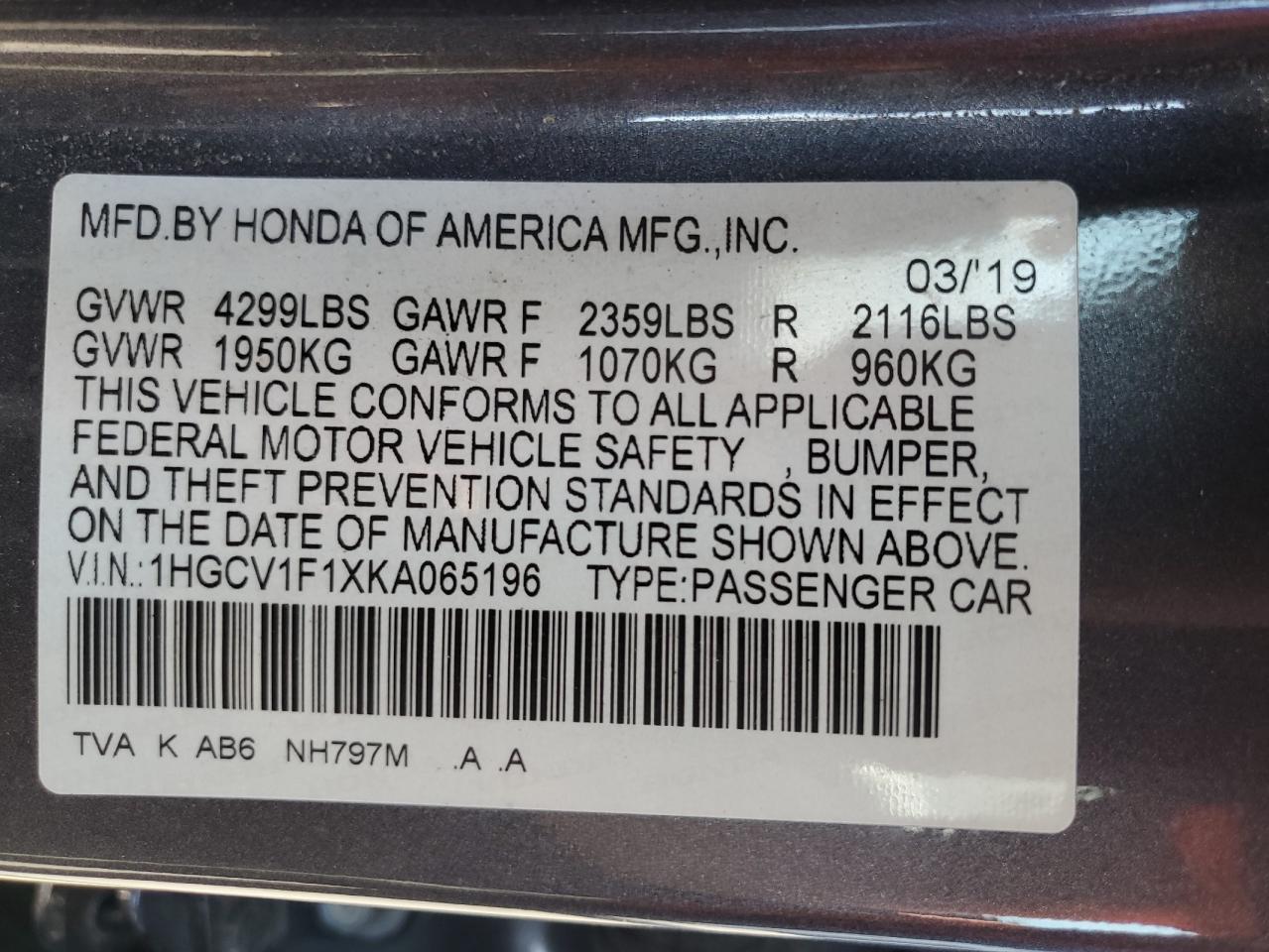 2019 HONDA ACCORD