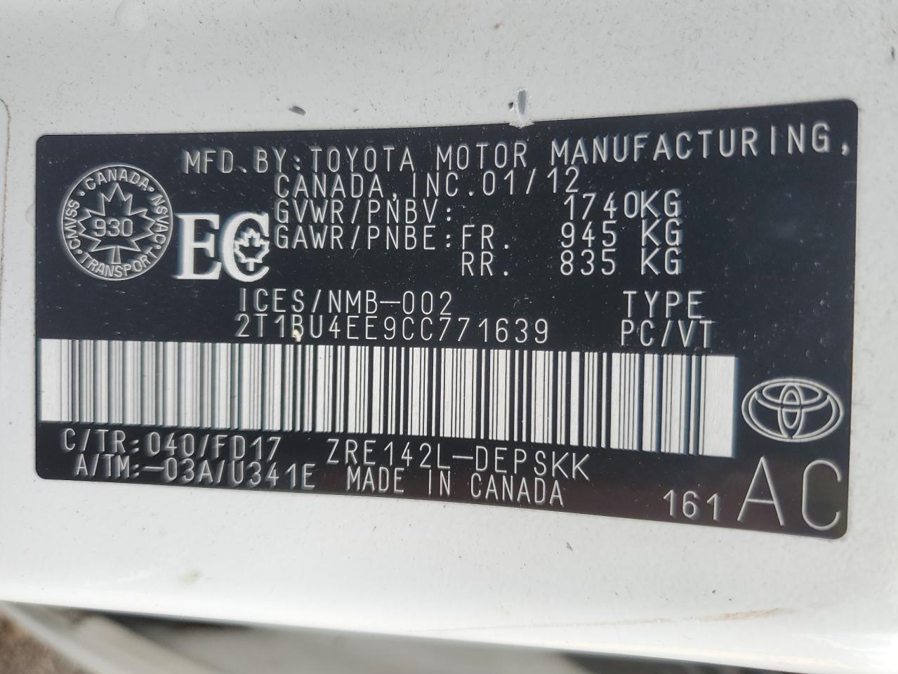 2012 TOYOTA COROLLA