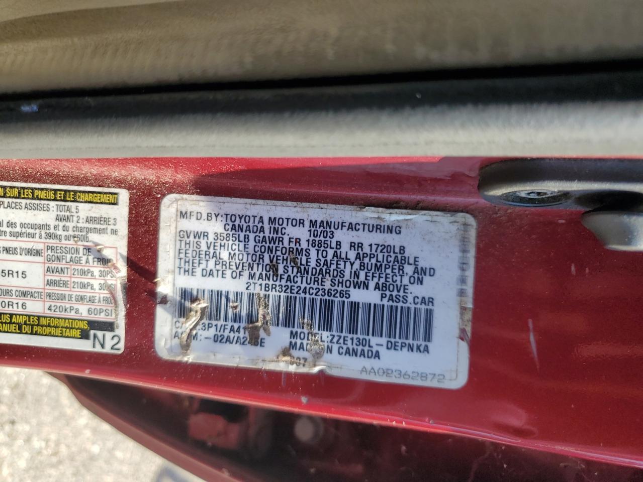 2004 TOYOTA COROLLA