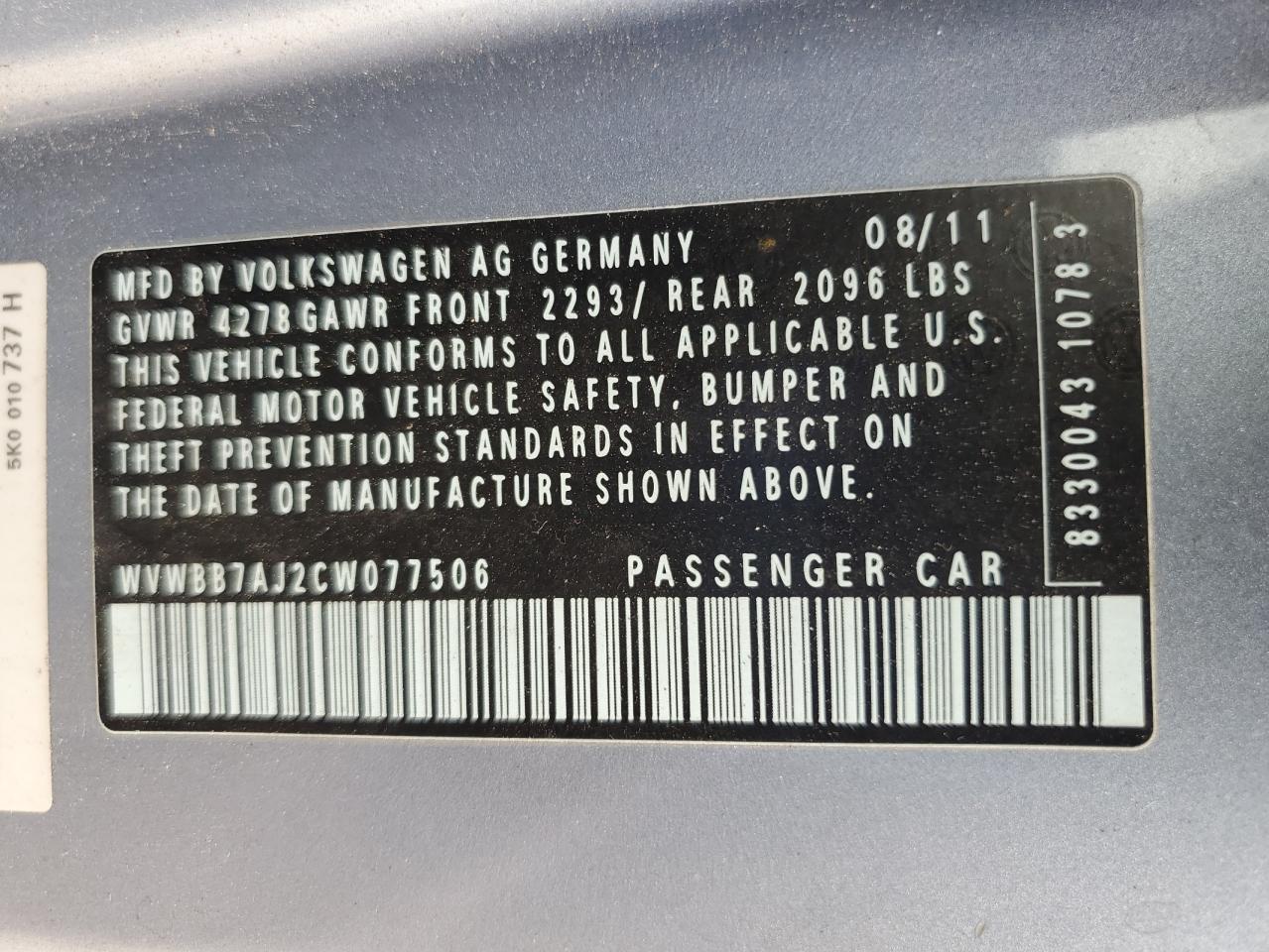 2012 VOLKSWAGEN GOLF