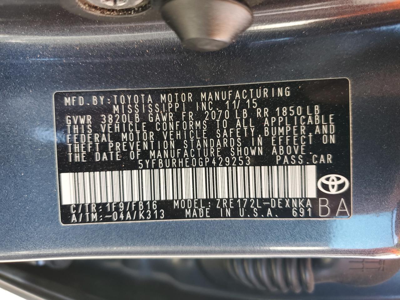2016 TOYOTA COROLLA