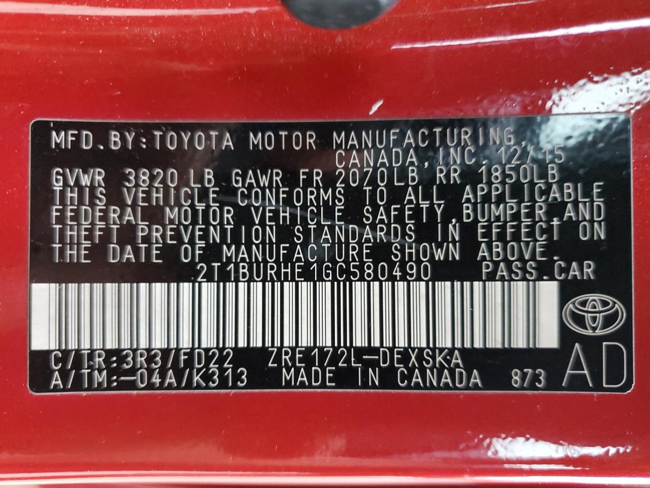 2016 TOYOTA COROLLA