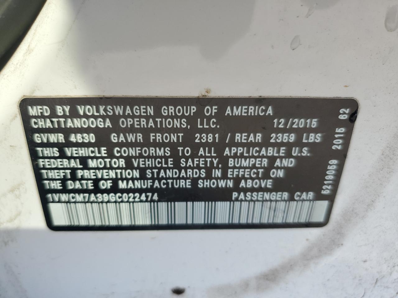 2016 VOLKSWAGEN Passat