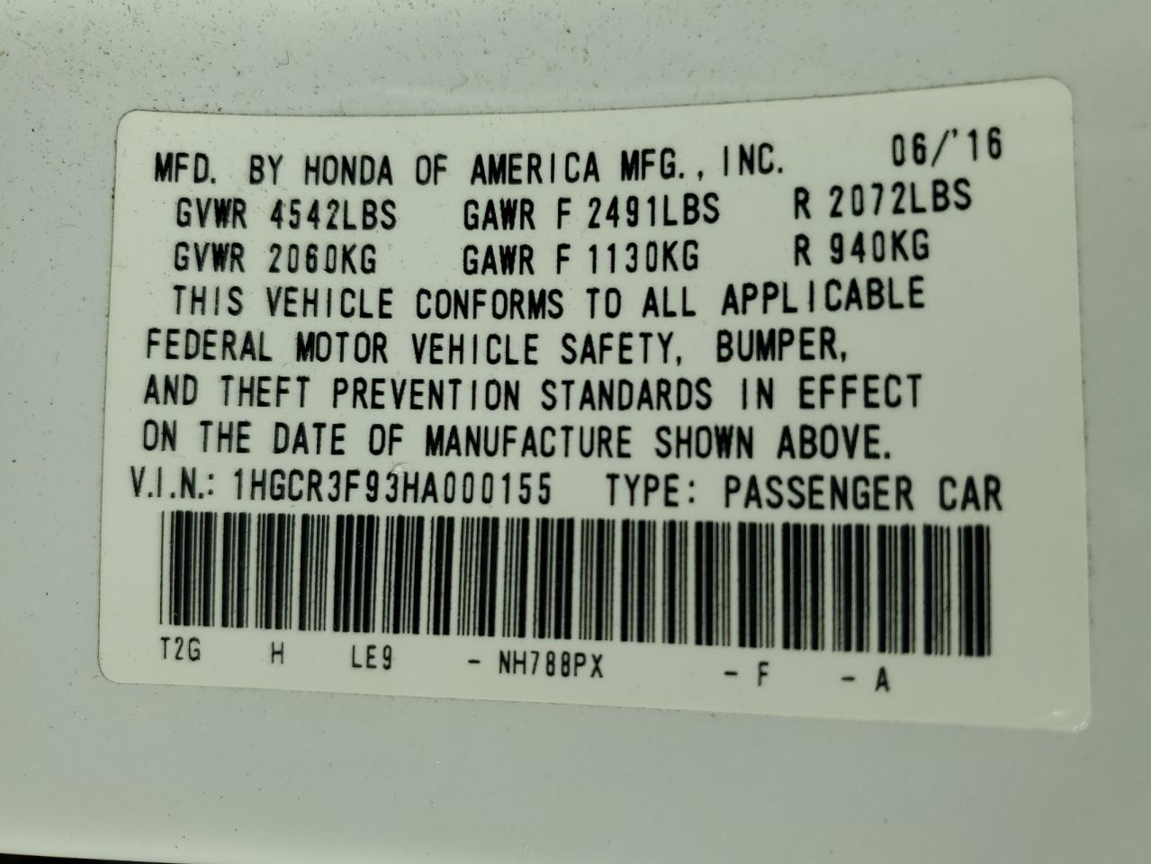 2017 HONDA ACCORD