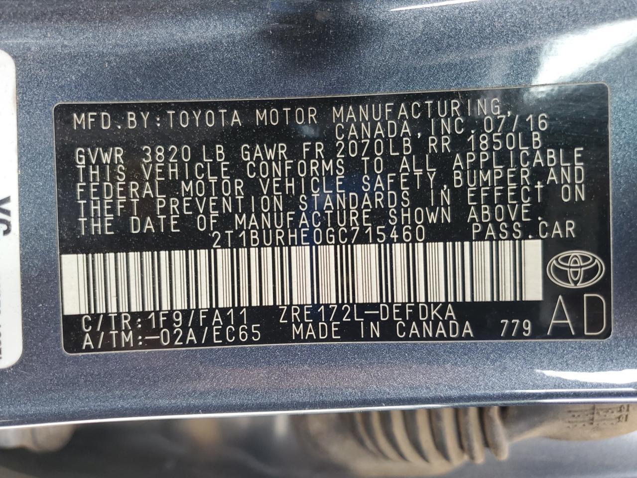2016 TOYOTA COROLLA