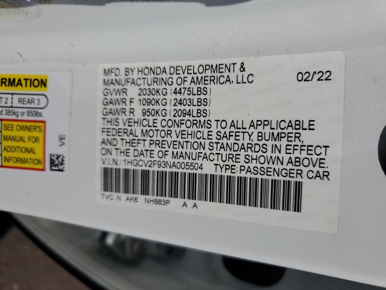 2022 HONDA ACCORD