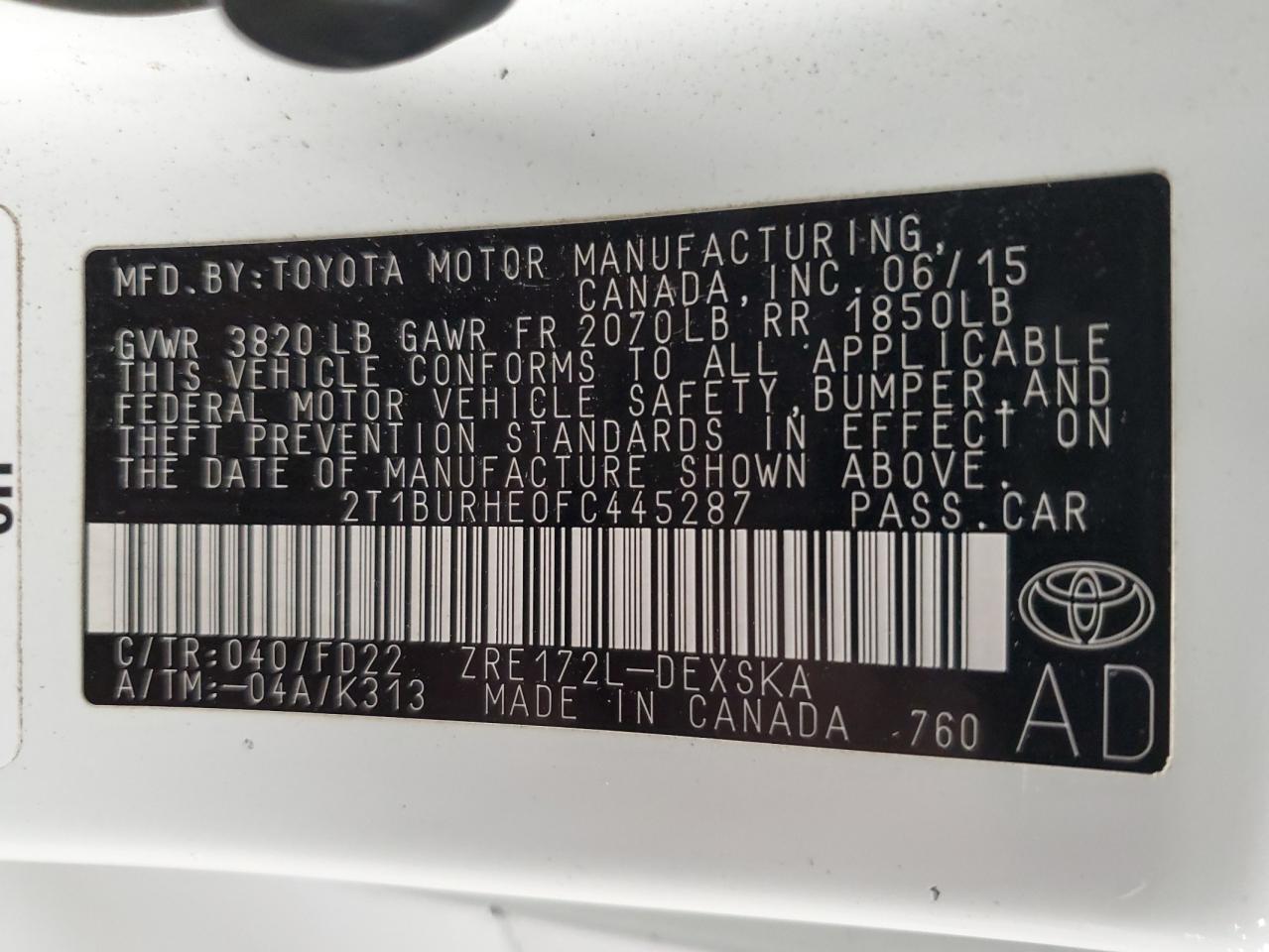 2015 TOYOTA COROLLA